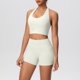 Solid Color Tight-Fitting Halter Neck Tank Shorts Yoga Set