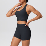 Solid Color Tight-Fitting Halter Neck Tank Shorts Yoga Set