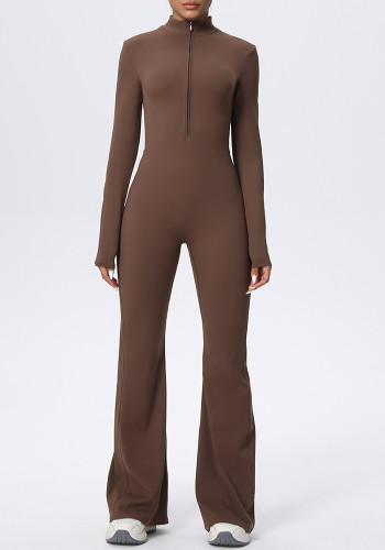 Zip-Front Tight-Fitting Long Sleeve Yoga Jumpsuit