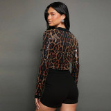 Fall Round Neck Leopard Print Sequin Top and Bodycon Shorts Set
