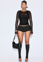 Women Sexy Solid Mesh Long-Sleeve See-Through Four-Piece Set