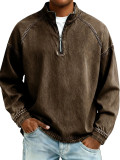 Men's Retro Zip-Front Stand Collar Long Sleeve T-Shirt