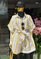 Women Autumn Striped Turndown Collar Short-Sleeve Shirt and Shorts Two-Piece Set