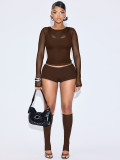 Women Sexy Solid Mesh Long-Sleeve See-Through Four-Piece Set