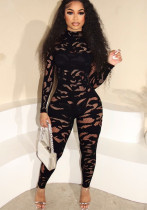 Women Sexy Round Neck Long-Sleeved Hollow Lace Jumpsuit