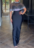 Women Beaded Patchwork Mesh Cape + Dress Two-Piece Set