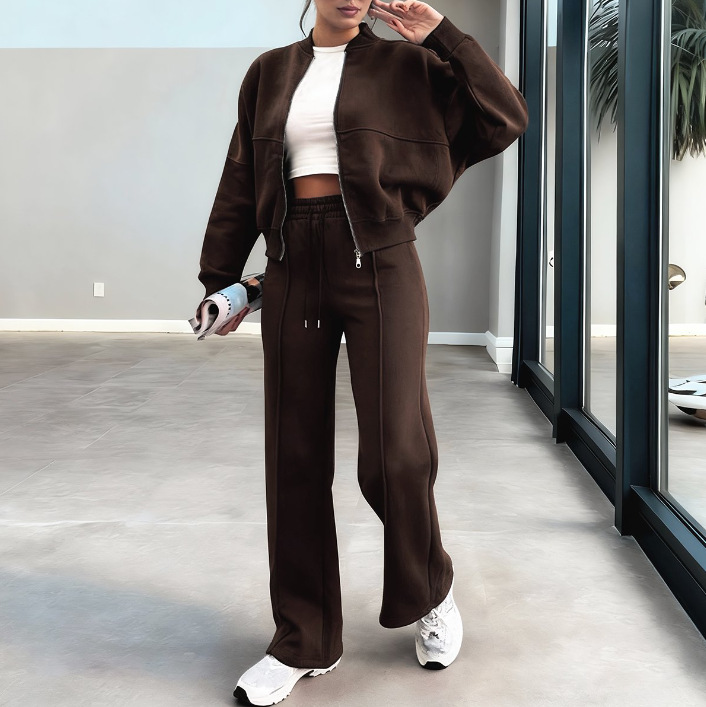 Women Casual Long-Sleeved Zipper Top and Pants Two-Piece Set