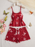 Butterfly Print Cute V-Neck Camisole and Shorts Pajama Set