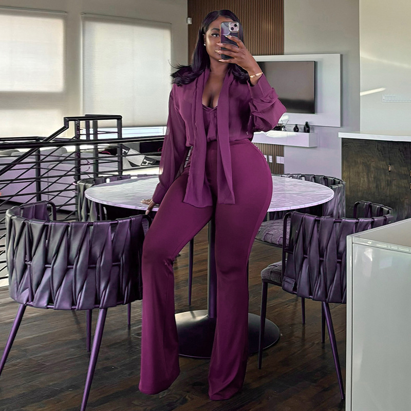 Fall V-Neck Mesh Tie-Front Blouse and High-Waist Bell Bottom Pants Set