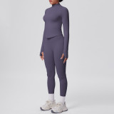 Seamless Solid Color Tight-Fitting High-Stretch Zip-Front Jogger Leggings Set