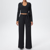 Solid Color Drawstring Long Sleeve Top and Tank Three-Piece Pants Set