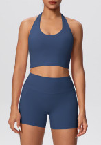 Solid Color Tight-Fitting Halter Neck Tank Shorts Yoga Set Solid Color Tight-Fitting Halter Neck Tank Shorts Yoga Set