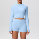 Solid Color Crop Jacket and Shorts Tight-Fitting Yoga Set