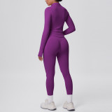 Seamless Solid Color Tight-Fitting High-Stretch Zip-Front Jogger Leggings Set
