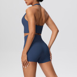 Solid Color Tight-Fitting Halter Neck Tank Shorts Yoga Set