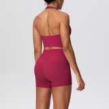 Solid Color Tight-Fitting Halter Neck Tank Shorts Yoga Set