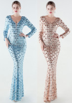 Plus Size Women Sequined V-Neck Evening Dress Formal Party Maxi Evening Dress