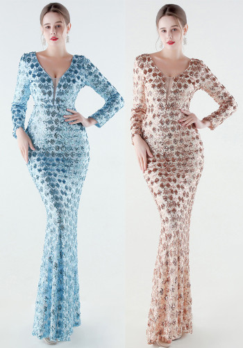 Plus Size Women Sequined V-Neck Evening Dress Formal Party Maxi Evening Dress