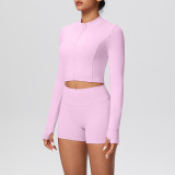 Solid Color Crop Jacket and Shorts Tight-Fitting Yoga Set