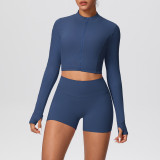 Solid Color Crop Jacket and Shorts Tight-Fitting Yoga Set