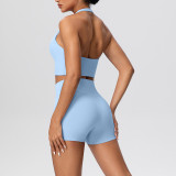 Solid Color Tight-Fitting Halter Neck Tank Shorts Yoga Set
