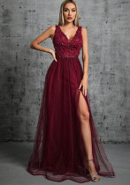 V-Neck Sleeveless A-Line Sequin Patchwork Summer Chiffon Dress