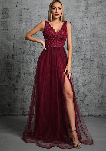 V-Neck Sleeveless A-Line Sequin Patchwork Summer Chiffon Dress