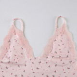 Lace Trim Patchwork Floral Print V-Neck Camisole and High-Waist Shorts Set