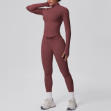 Seamless Solid Color Tight-Fitting High-Stretch Zip-Front Jogger Leggings Set