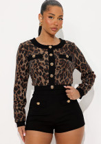 Fall Round Neck Leopard Print Sequin Top and Bodycon Shorts Set