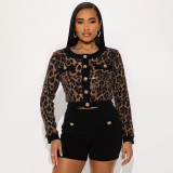Fall Round Neck Leopard Print Sequin Top and Bodycon Shorts Set