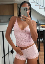 Lace Trim Patchwork Floral Print V-Neck Camisole and High-Waist Shorts Set
