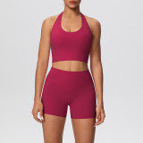 Solid Color Tight-Fitting Halter Neck Tank Shorts Yoga Set