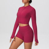 Solid Color Crop Jacket and Shorts Tight-Fitting Yoga Set