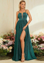 Sexy Printed Strap Backless Slit Chic Formal Party Evening Gown