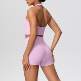 Solid Color Tight-Fitting Halter Neck Tank Shorts Yoga Set