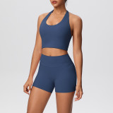 Solid Color Tight-Fitting Halter Neck Tank Shorts Yoga Set