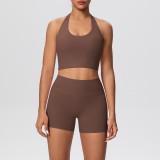 Solid Color Tight-Fitting Halter Neck Tank Shorts Yoga Set