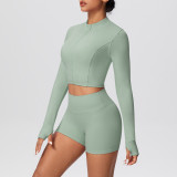 Solid Color Crop Jacket and Shorts Tight-Fitting Yoga Set