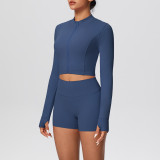 Solid Color Crop Jacket and Shorts Tight-Fitting Yoga Set