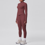 Seamless Solid Color Tight-Fitting High-Stretch Zip-Front Jogger Leggings Set