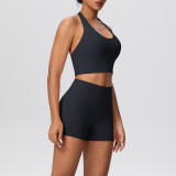 Solid Color Tight-Fitting Halter Neck Tank Shorts Yoga Set
