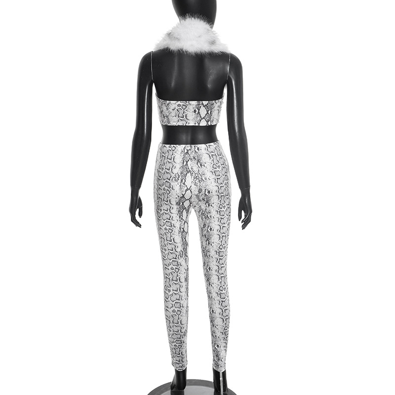 Fall Halter Neck Strapless Patchwork Low Back Snake Print Cropped Top Pants Set