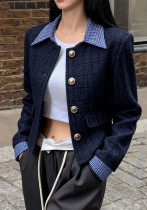 Women American-style color-blocked plaid turndown collar coat