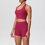 Solid Color Tight-Fitting Halter Neck Tank Shorts Yoga Set