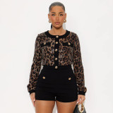 Fall Round Neck Leopard Print Sequin Top and Bodycon Shorts Set