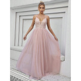 Sexy Low Back Deep V Lace Patchwork Strap Evening Dress