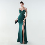 Women Spaghetti Strap Slit Beaded Mermaid Lace-Up Mermaid Evening Dress