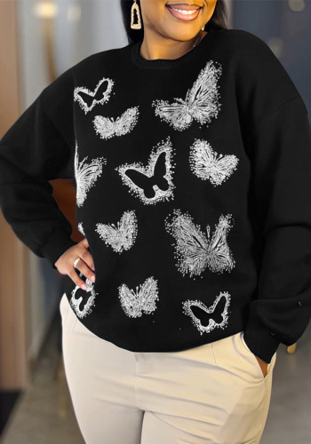 Women Beaded Butterfly Black Top