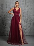 V-Neck Sleeveless A-Line Sequin Patchwork Summer Chiffon Dress